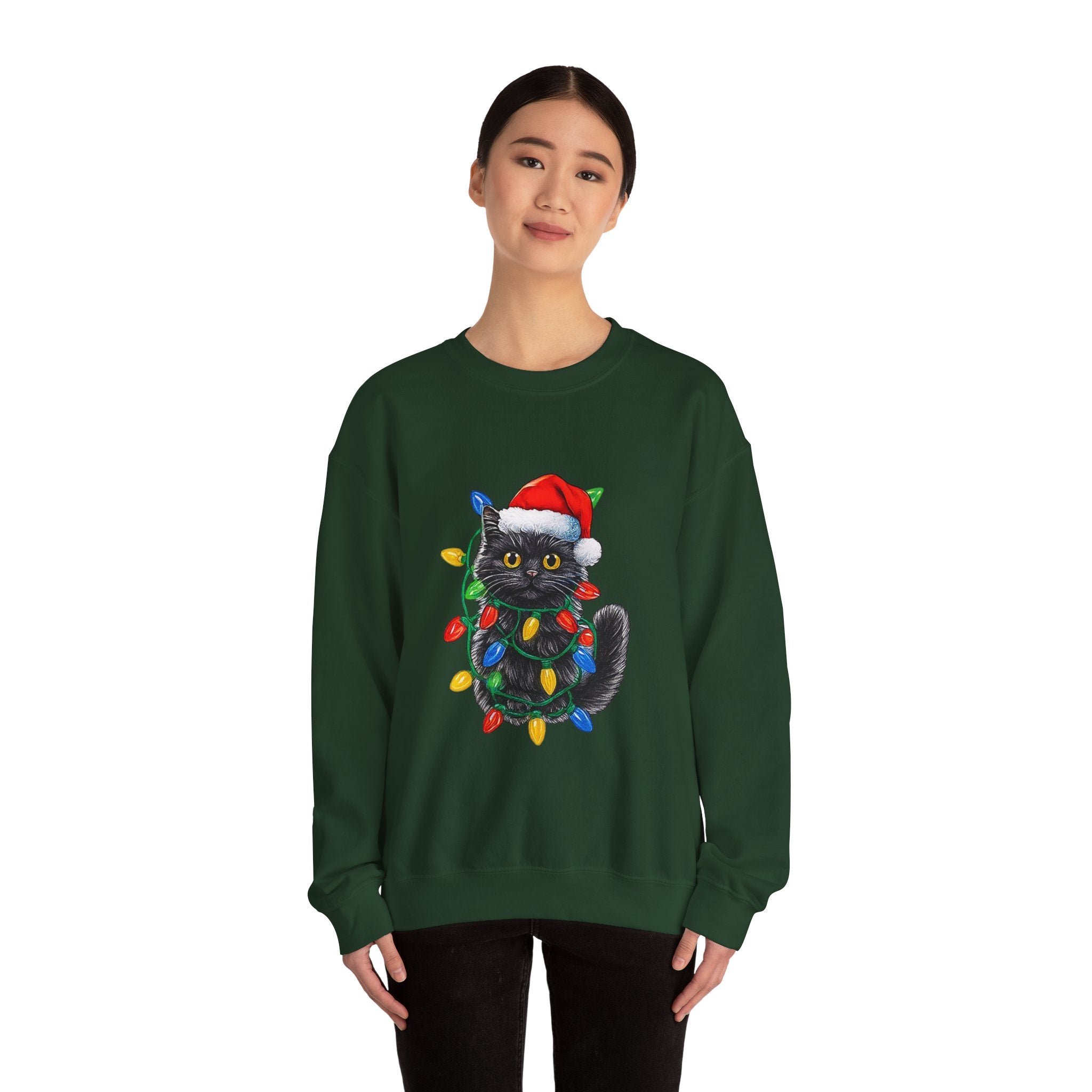 Christmas Cat Sweatshirt — Black Kitty in Santa Hat Wrapped in Holiday Lights