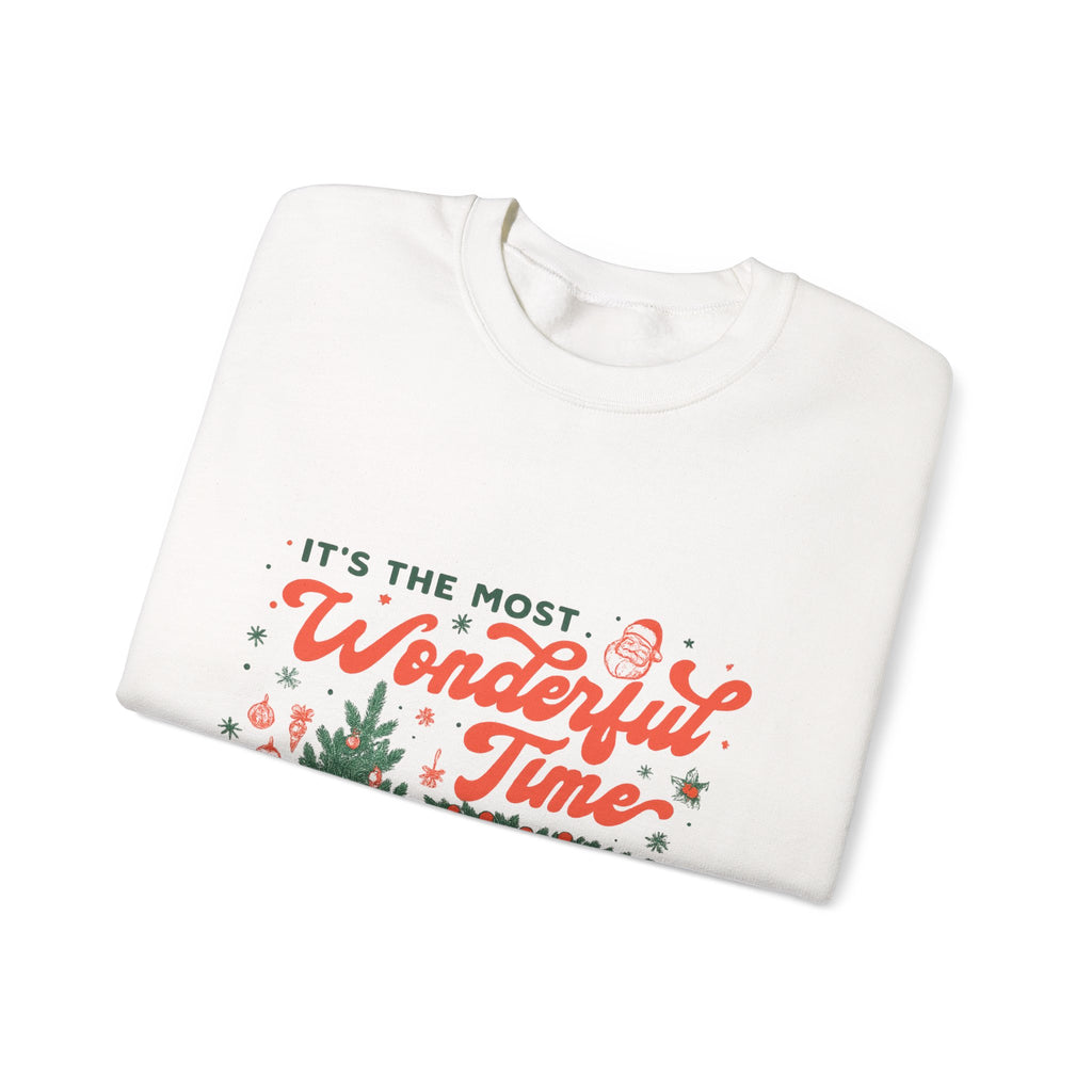 Holiday Sweatshirt — "It's the Most Wonderful Time" Christmas Tree & Fireplace Crewneck