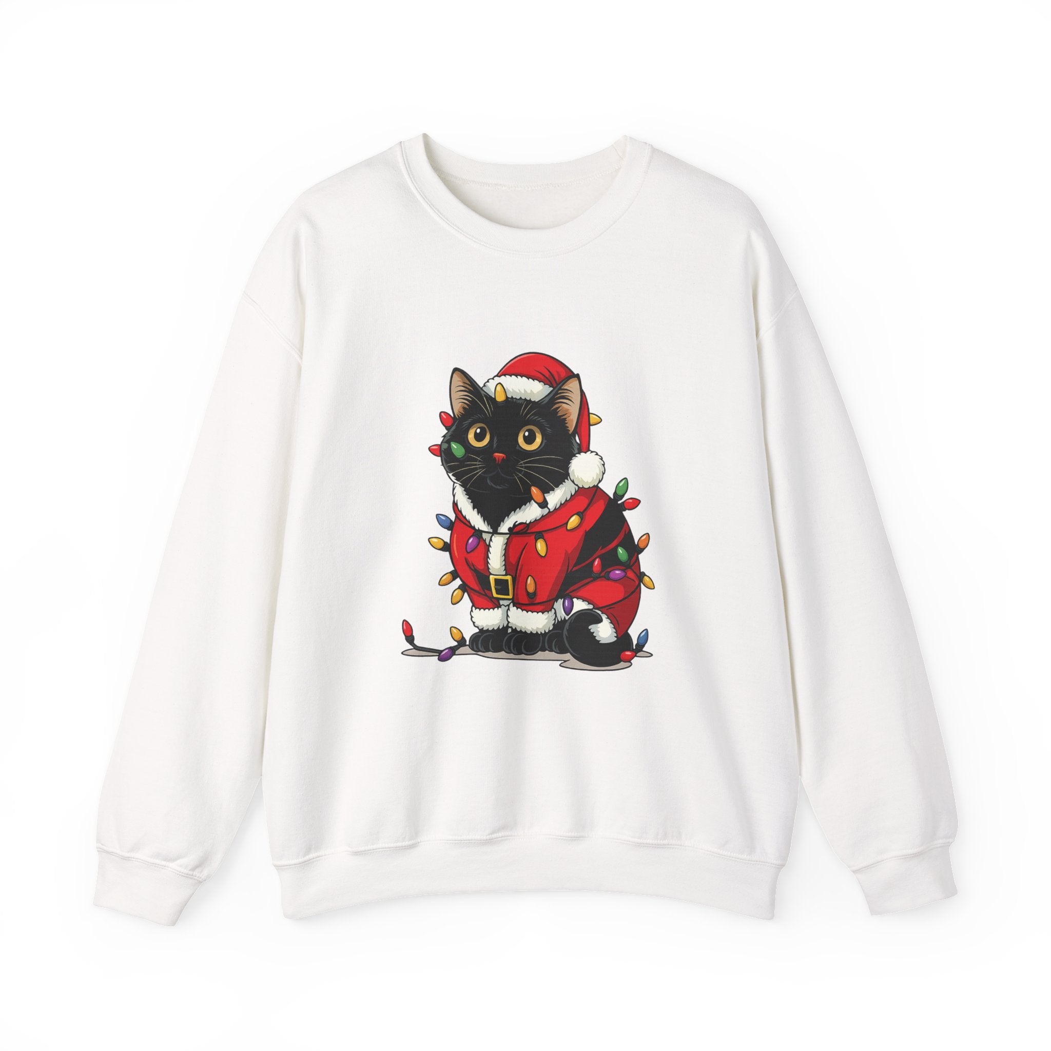 Holiday Black Cat Sweatshirt — Cute Santa Kitten in Christmas Lights