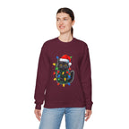 Christmas Cat Sweatshirt — Black Kitty in Santa Hat Wrapped in Holiday Lights