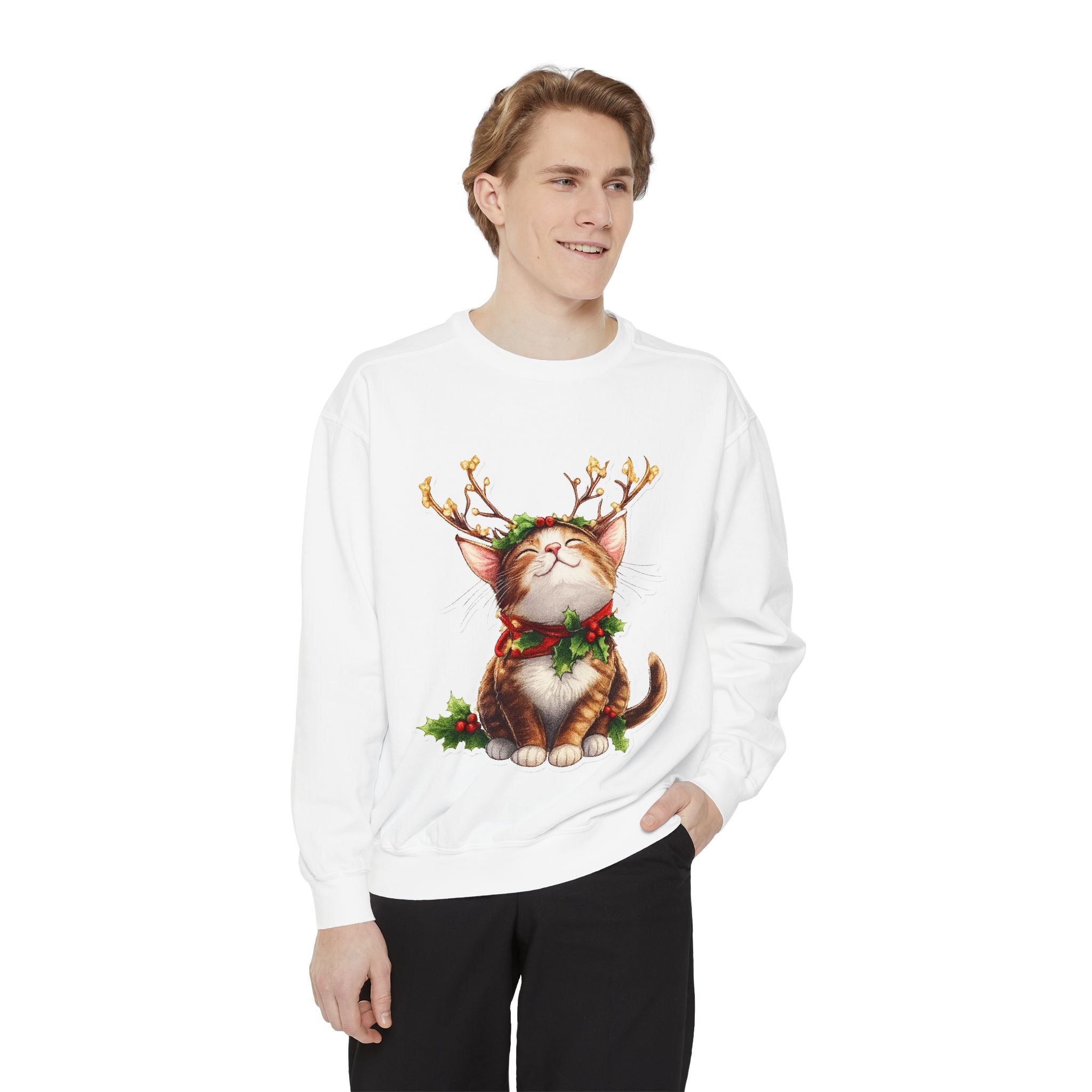 Christmas Cat Sweatshirt — Festive Antler Kitty Holiday Sweater