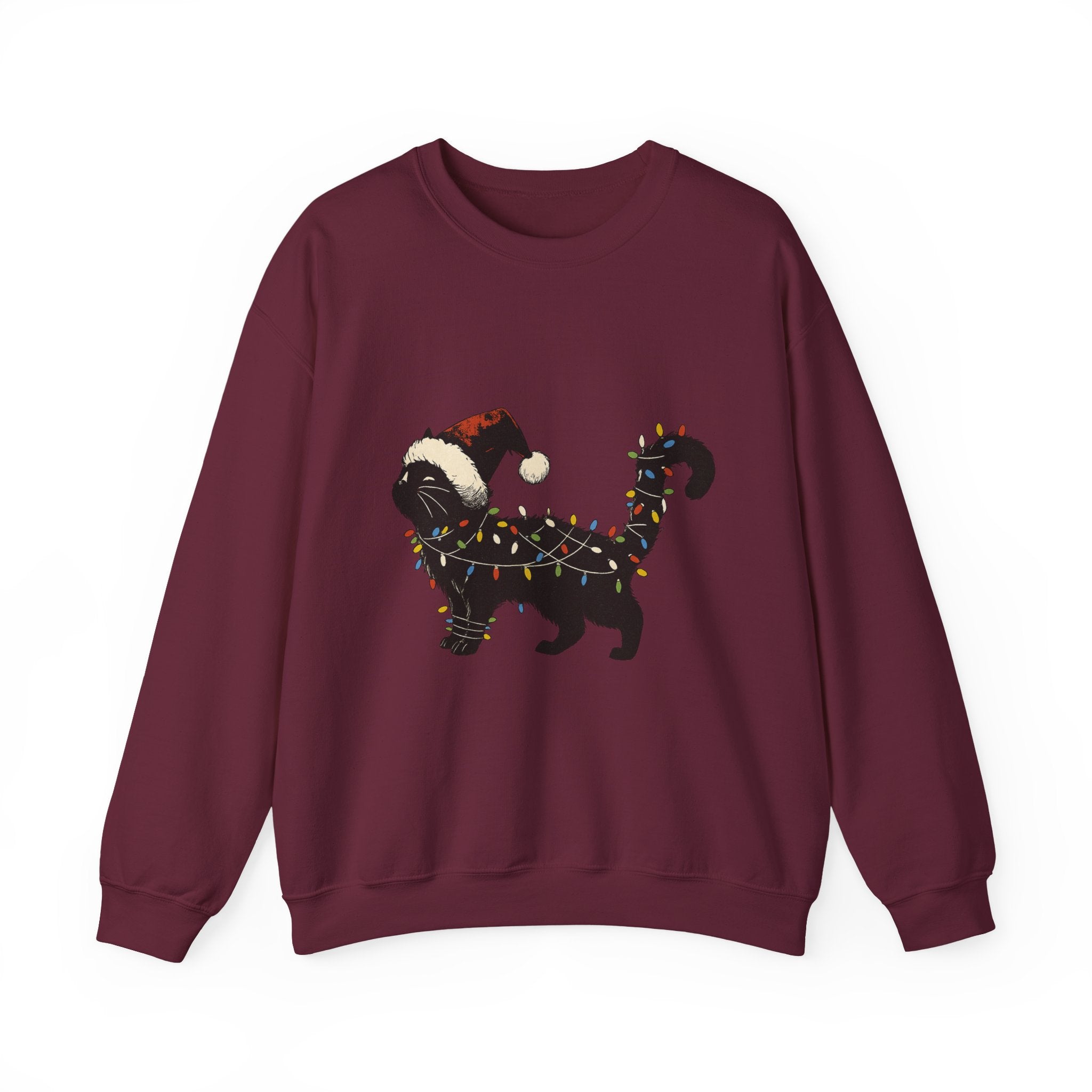 Holiday Cat Sweatshirt — Black Cat Wrapped in Christmas Lights & Santa Hat