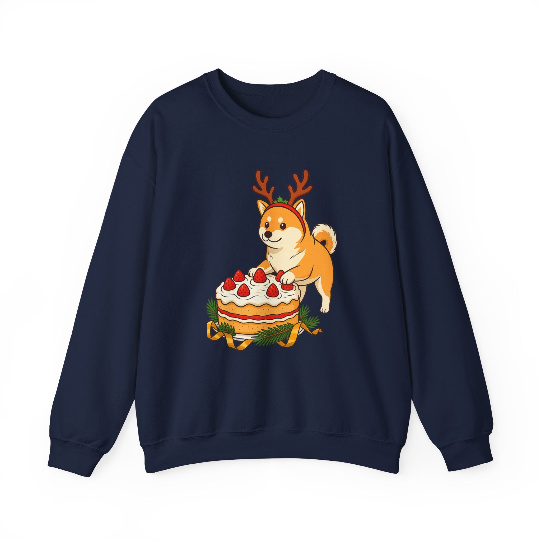 Shiba Inu Reindeer Sweatshirt – Cute Dog with Holiday Cake Crewneck