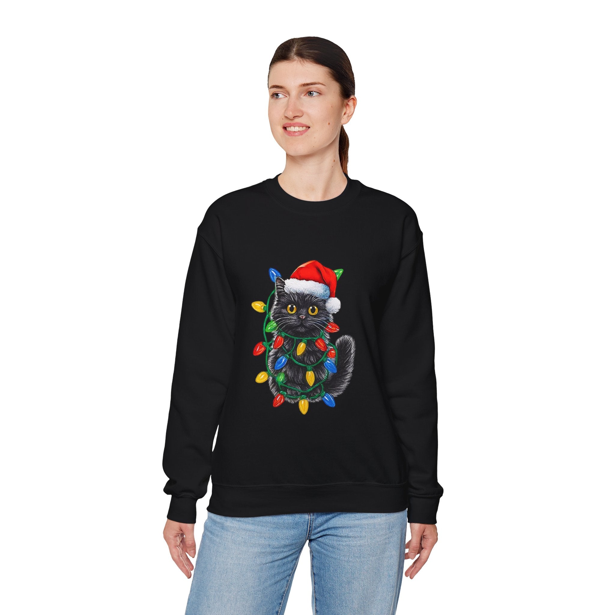 Christmas Cat Sweatshirt — Black Kitty in Santa Hat Wrapped in Holiday Lights