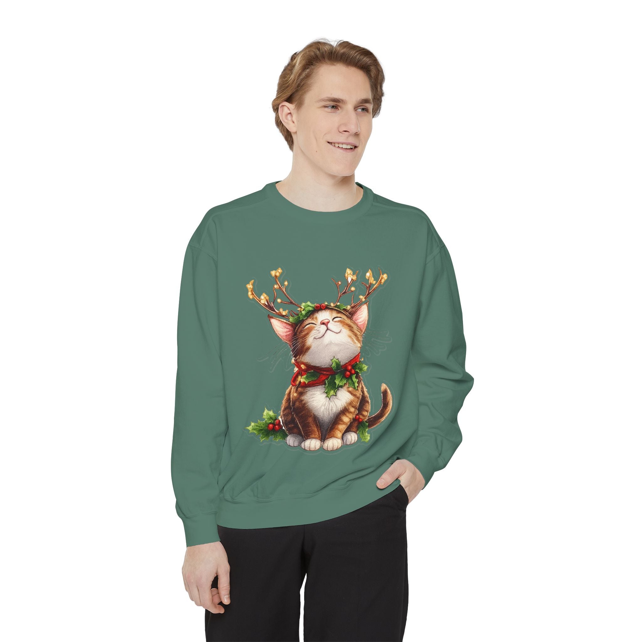Christmas Cat Sweatshirt — Festive Antler Kitty Holiday Sweater