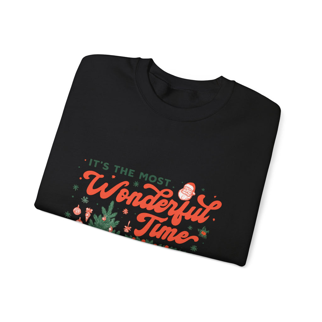 Holiday Sweatshirt — "It's the Most Wonderful Time" Christmas Tree & Fireplace Crewneck