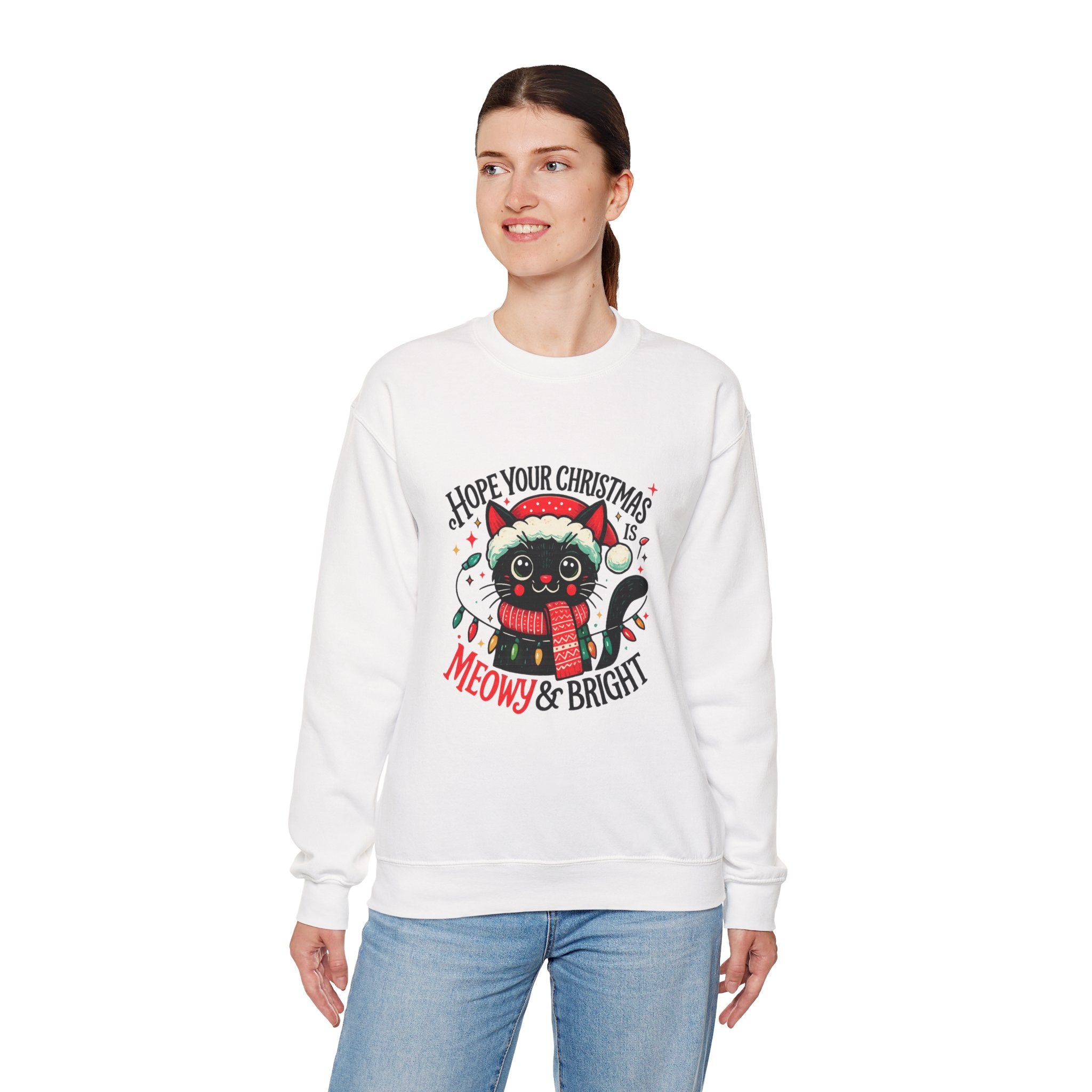 Christmas Cat Sweatshirt — "Meows & Bright" Holiday Crewneck