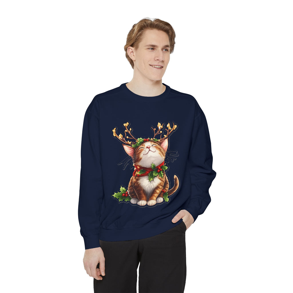 Christmas Cat Sweatshirt — Festive Antler Kitty Holiday Sweater