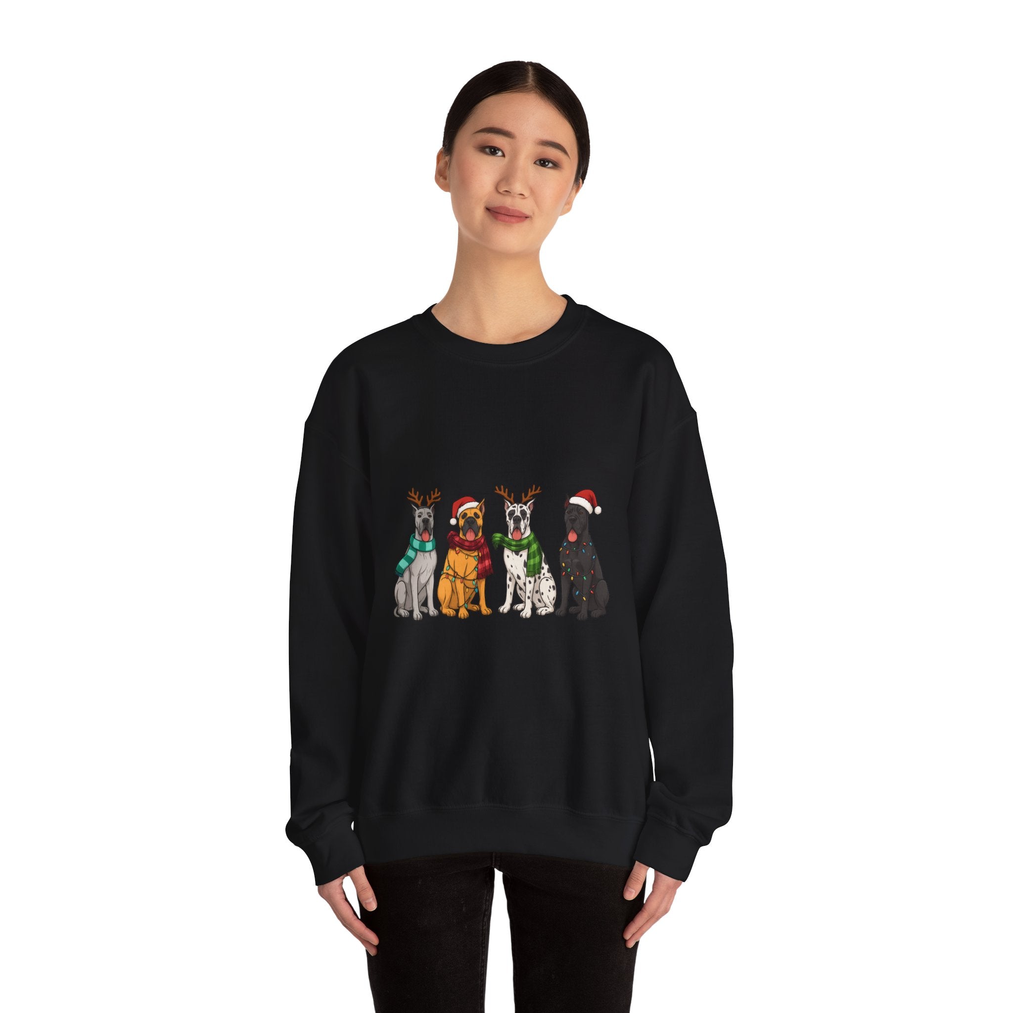 Christmas Dogs Crewneck Sweatshirt — Festive Reindeer & Santa Hat Puppies Holiday Sweatshirt