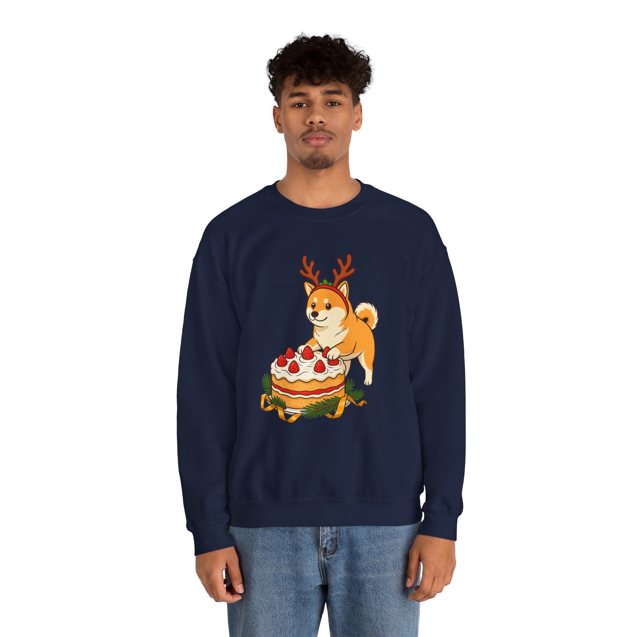 Shiba Inu Reindeer Sweatshirt – Cute Dog with Holiday Cake Crewneck