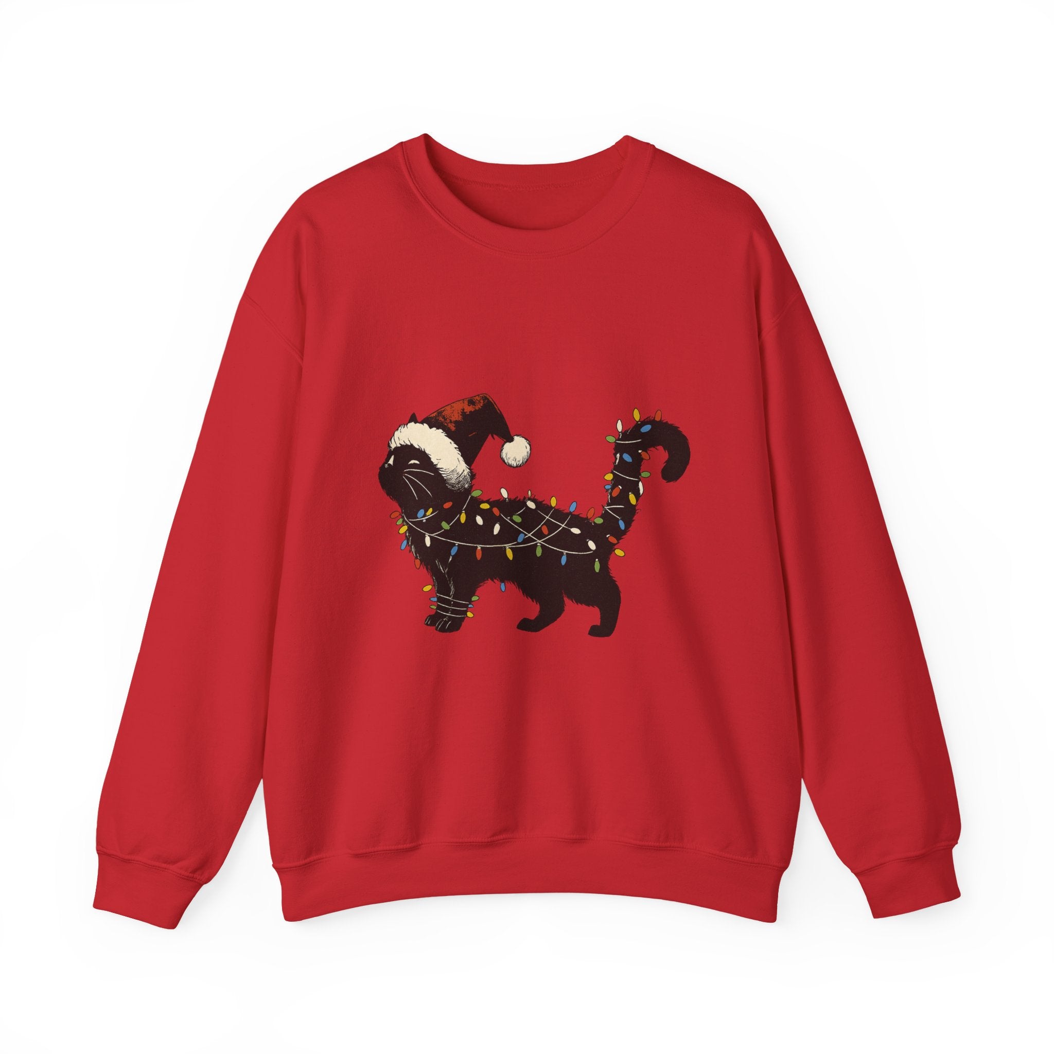Holiday Cat Sweatshirt — Black Cat Wrapped in Christmas Lights & Santa Hat