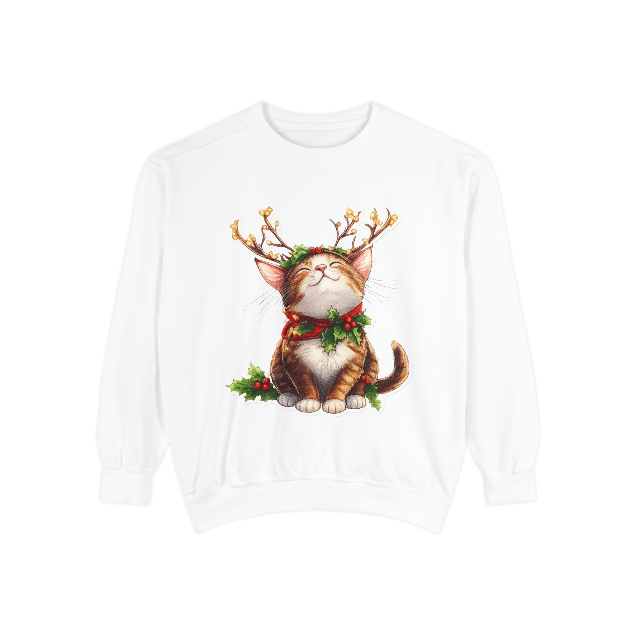 Christmas Cat Sweatshirt — Festive Antler Kitty Holiday Sweater