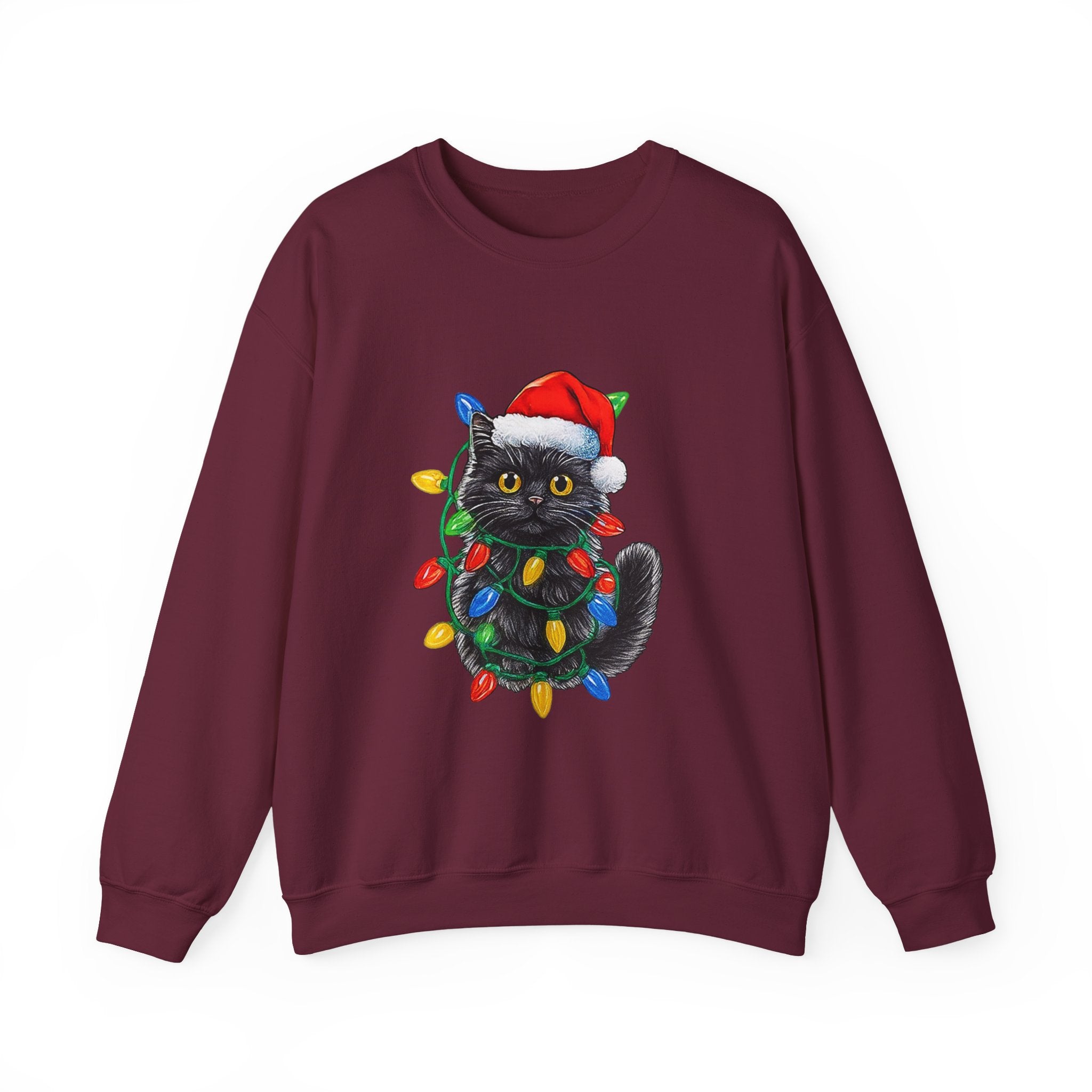 Christmas Cat Sweatshirt — Black Kitty in Santa Hat Wrapped in Holiday Lights