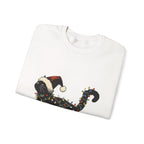 Holiday Cat Sweatshirt — Black Cat Wrapped in Christmas Lights & Santa Hat