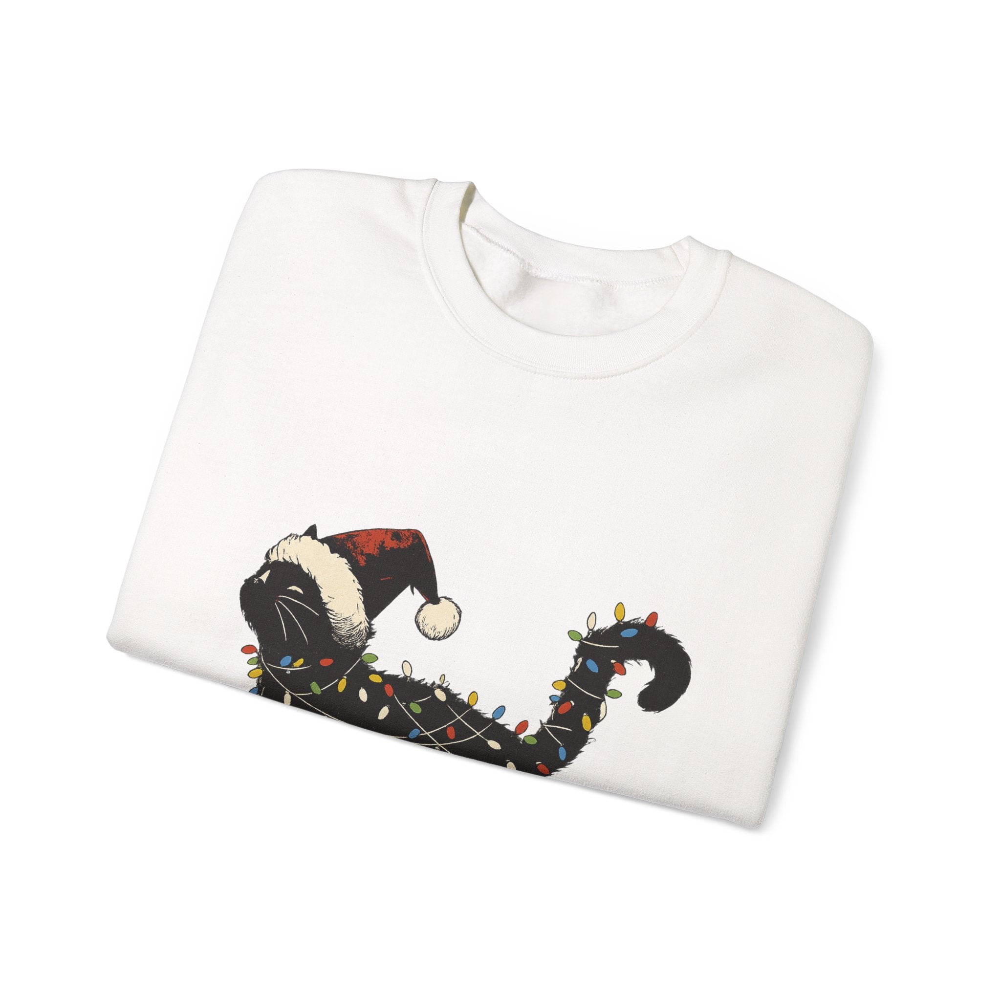Holiday Cat Sweatshirt — Black Cat Wrapped in Christmas Lights & Santa Hat
