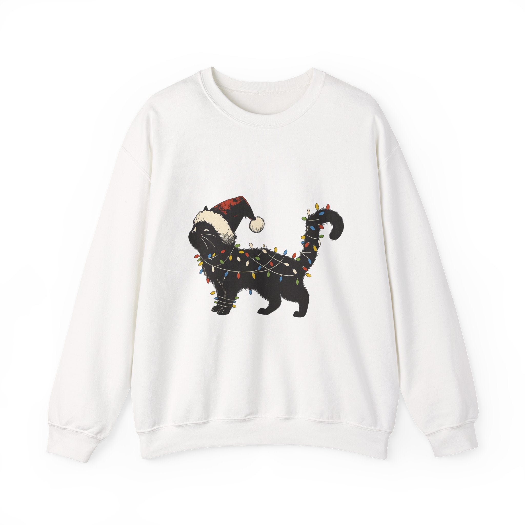 Holiday Cat Sweatshirt — Black Cat Wrapped in Christmas Lights & Santa Hat