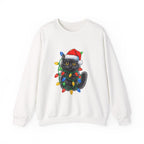 Christmas Cat Sweatshirt — Black Kitty in Santa Hat Wrapped in Holiday Lights