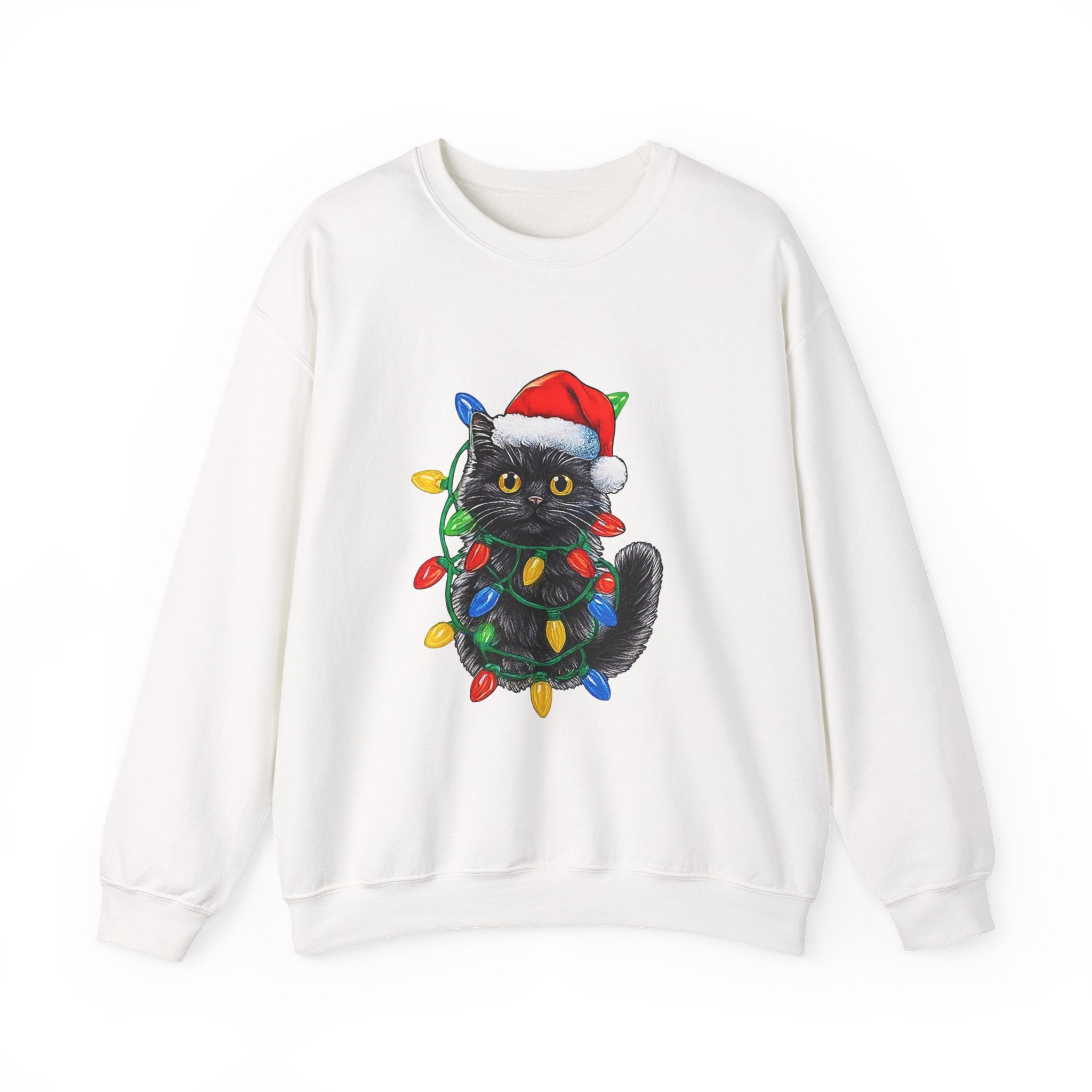 Christmas Cat Sweatshirt — Black Kitty in Santa Hat Wrapped in Holiday Lights