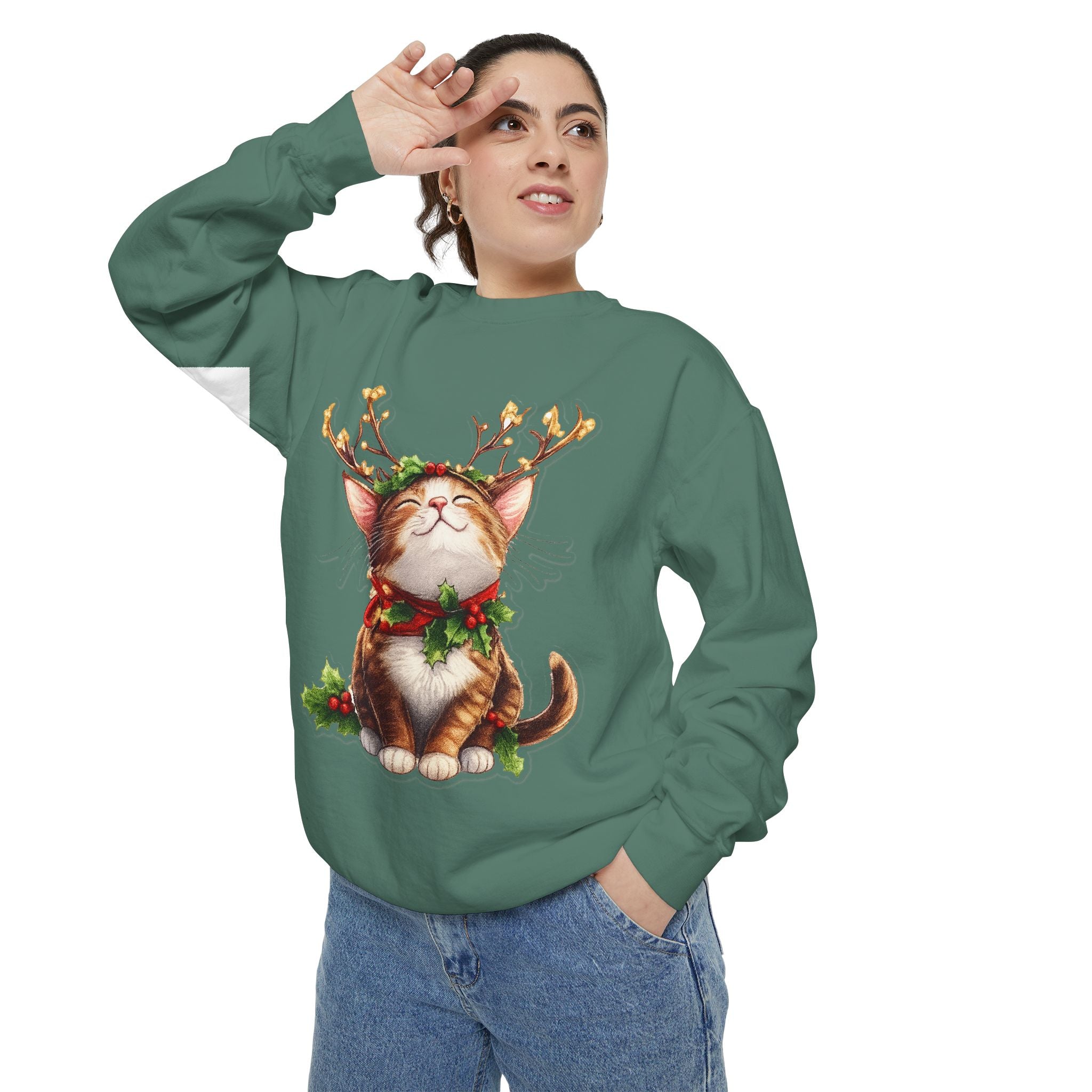 Christmas Cat Sweatshirt — Festive Antler Kitty Holiday Sweater