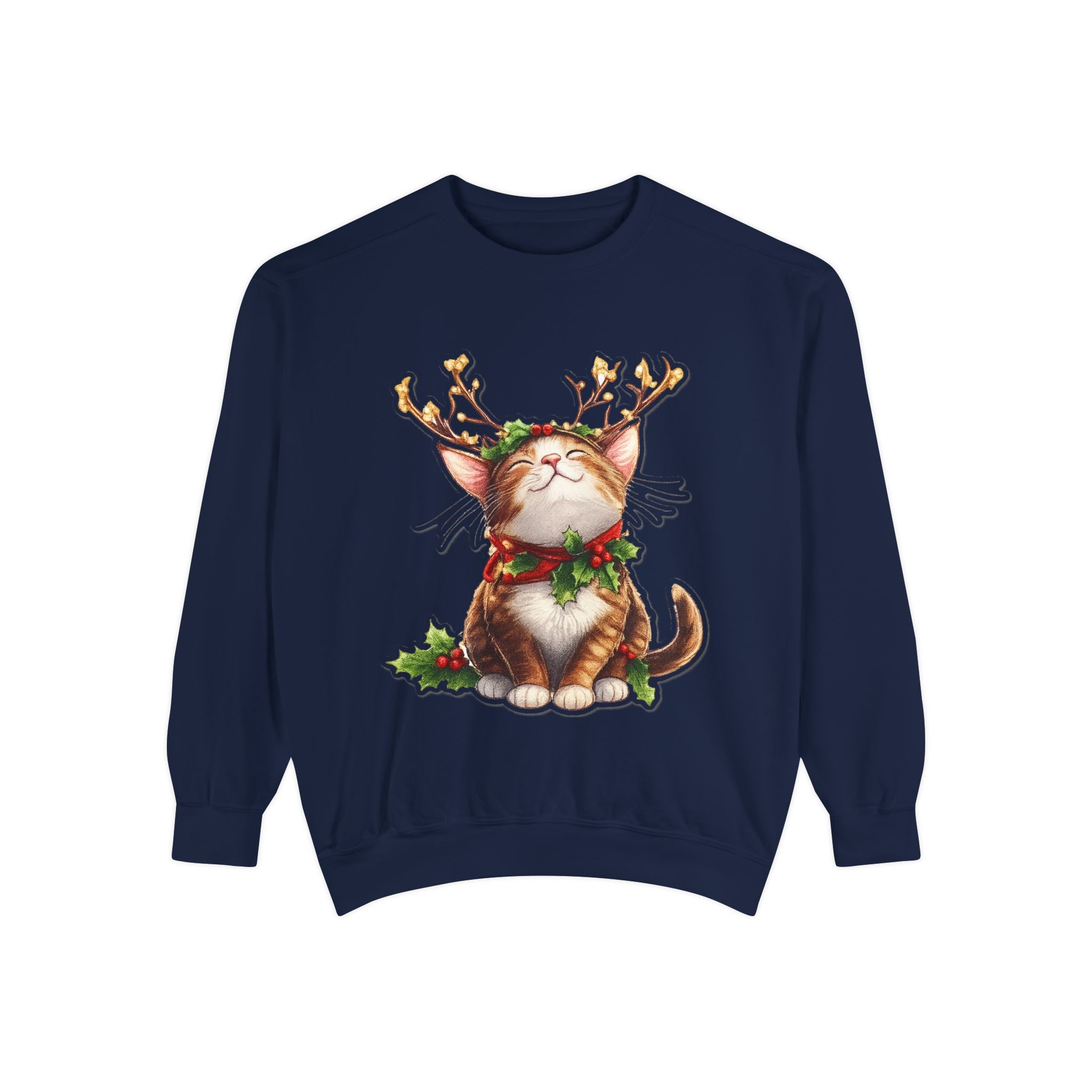 Christmas Cat Sweatshirt — Festive Antler Kitty Holiday Sweater